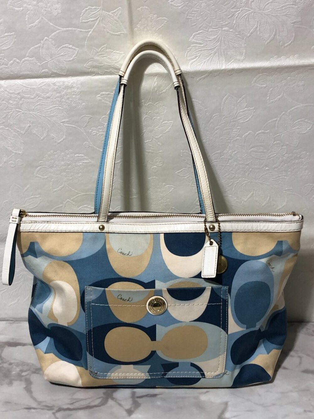 Womens Vintage Y2K Coach Scarf Print Blue White Signature Purse
